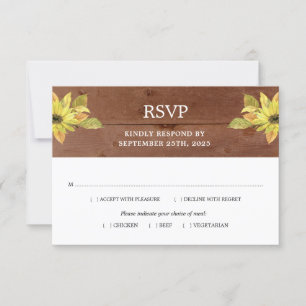 Rustieke Herfst Zonnebloem Lantaarn Houten Bruilof RSVP Kaartje