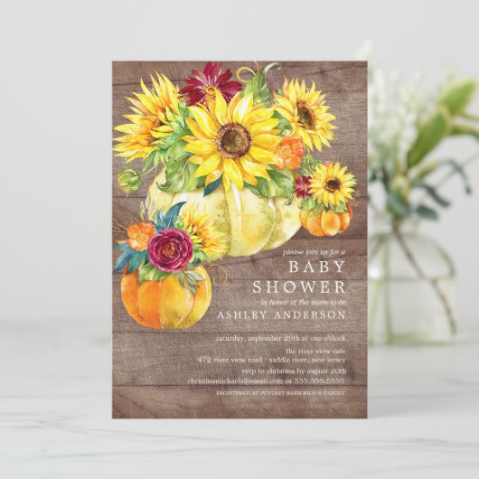 Rustieke herfst zonnebloem pompoen Baby shower Kaart (Staand voorkant)