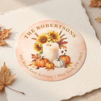 Rustieke herfst zonnebloem pompoen retouradres ronde sticker