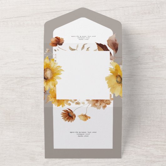 Rustieke Herfst Zonnebloem Taupe & Wit Details All In One Uitnodiging (Buitenkant)