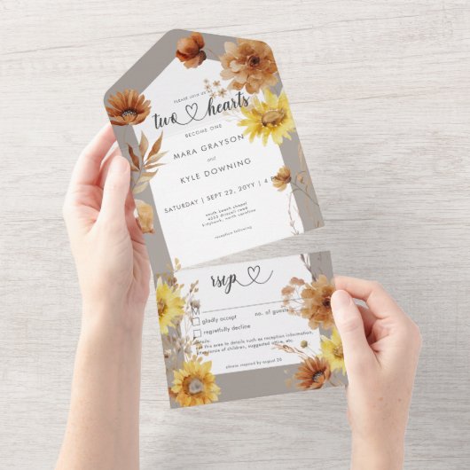 Rustieke Herfst Zonnebloem Taupe & Wit Details All In One Uitnodiging (Afscheurbaar)