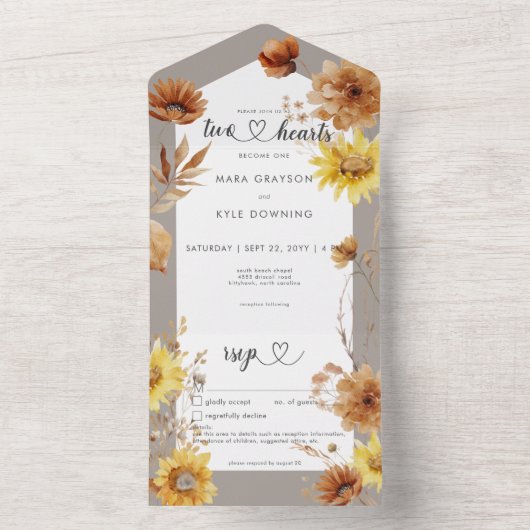 Rustieke Herfst Zonnebloem Taupe & Wit Details All In One Uitnodiging (Binnen)