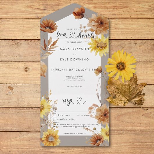 Rustieke Herfst Zonnebloem Taupe & Wit Details All In One Uitnodiging