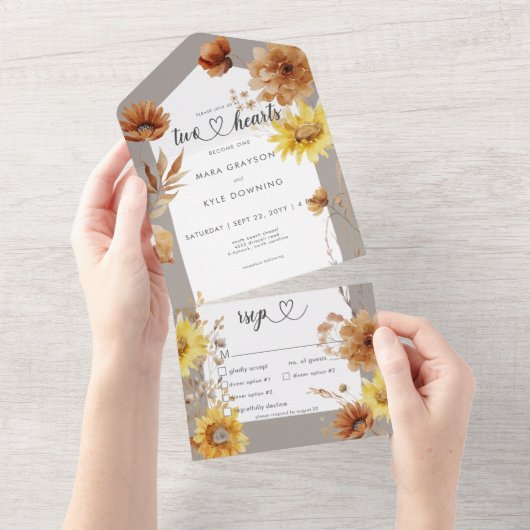 Rustieke herfst Zonnebloem Taupe & Wit diner All In One Uitnodiging (Afscheurbaar)