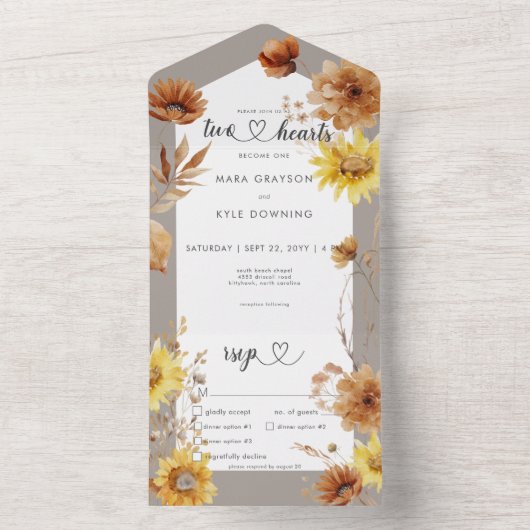 Rustieke herfst Zonnebloem Taupe & Wit diner All In One Uitnodiging (Binnen)