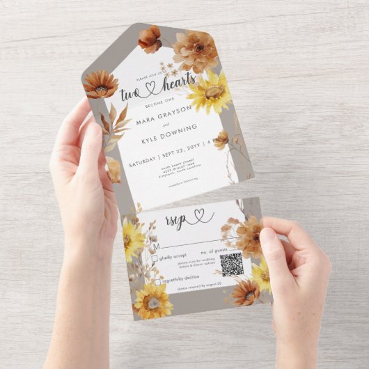 Rustieke Herfst Zonnebloem Taupe & Witte QR Code All In One Uitnodiging (Afscheurbaar)