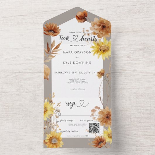 Rustieke Herfst Zonnebloem Taupe & Witte QR Code All In One Uitnodiging (Binnen)