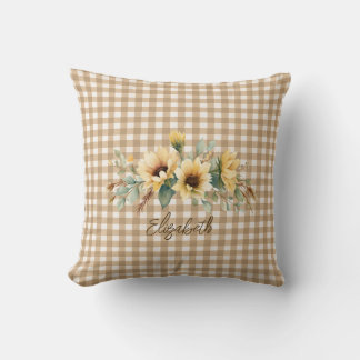 Rustieke Herfst Zonnebloemen Brown Gingham Geperso Kussen