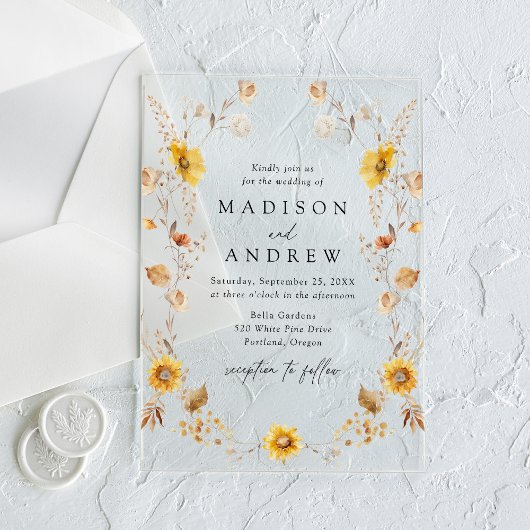 Rustieke herfst Zonnebloemen en Wildflowers Weddin Acryl Uitnodigingen