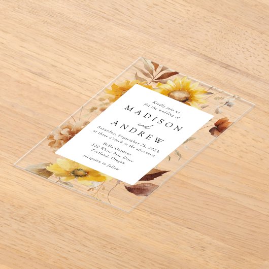 Rustieke herfst Zonnebloemen en Wildflowers Weddin Acryl Uitnodigingen (Laagn)