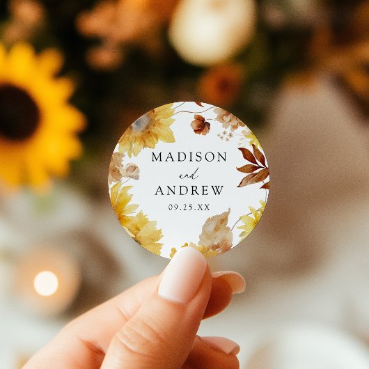 Rustieke herfst Zonnebloemen en Wildflowers Weddin Ronde Sticker