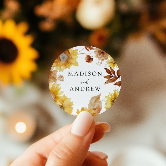 Rustieke herfst Zonnebloemen en Wildflowers Weddin Ronde Sticker