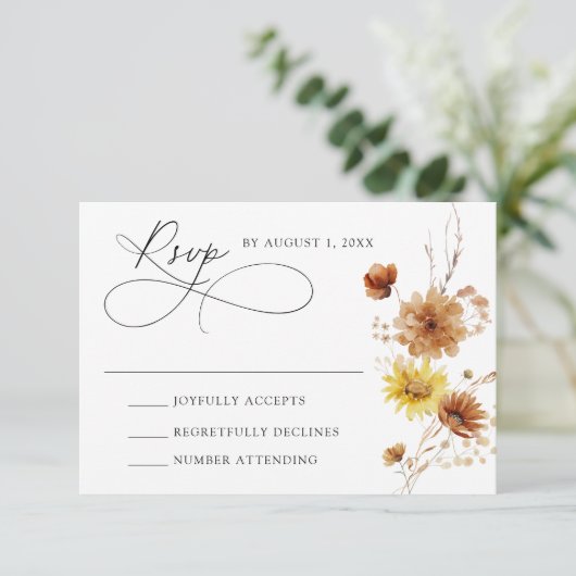 Rustieke herfst Zonnebloemen en Wildflowers Weddin RSVP Kaartje (Staand voorkant)