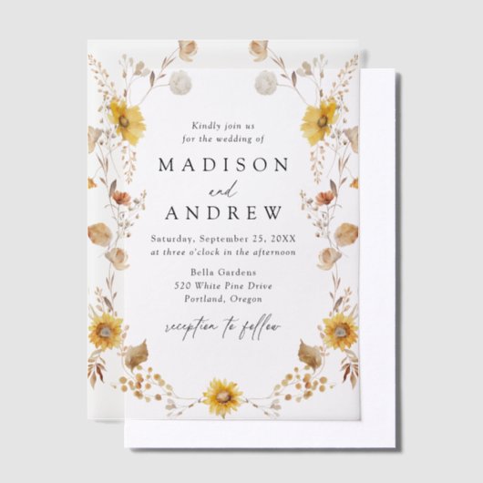 Rustieke herfst Zonnebloemen en Wildflowers Weddin Vellum Uitnodigingen (Offset)