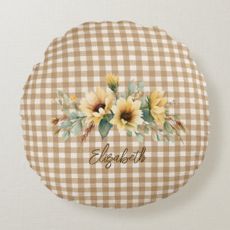 Rustieke Herfst Zonnebloemen Gingham Gepersonalise Rond Kussen