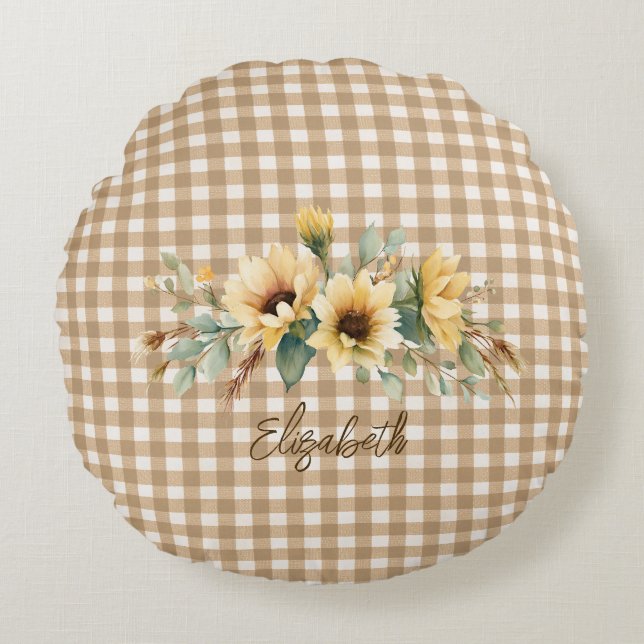 Rustieke Herfst Zonnebloemen Gingham Gepersonalise Rond Kussen (Voorkant)