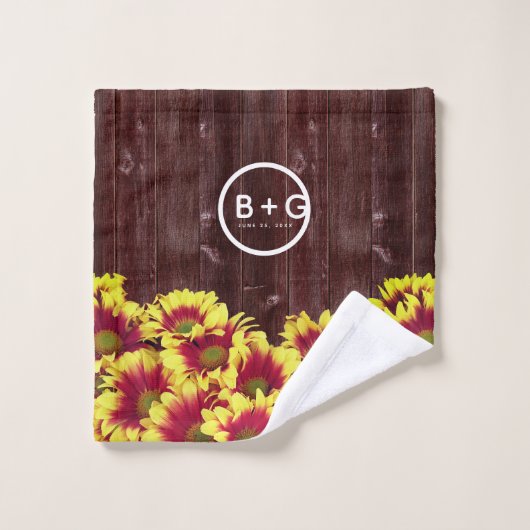 Rustieke herfst Zonnebloemen op hek Bruiloft Bad Handdoek (Wasdoekje)