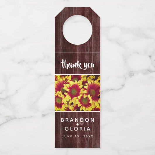 Rustieke herfst Zonnebloemen op hek Bruiloft Flessenhanger (Voorkant)