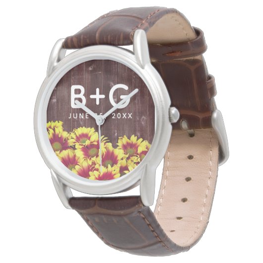 Rustieke herfst Zonnebloemen op hek Bruiloft Horloge (Gekanteld)