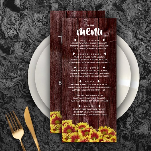 Rustieke herfst Zonnebloemen op hek Bruiloft Menu