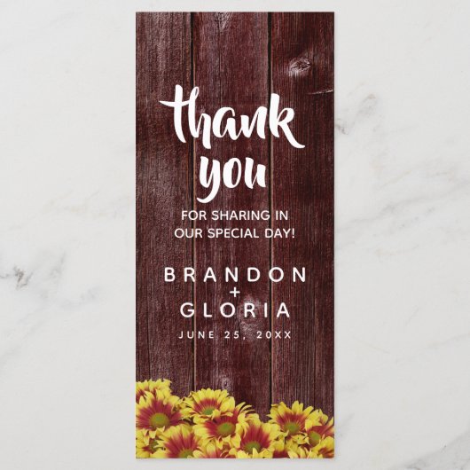 Rustieke herfst Zonnebloemen op hek Bruiloft Menu (Achterkant)