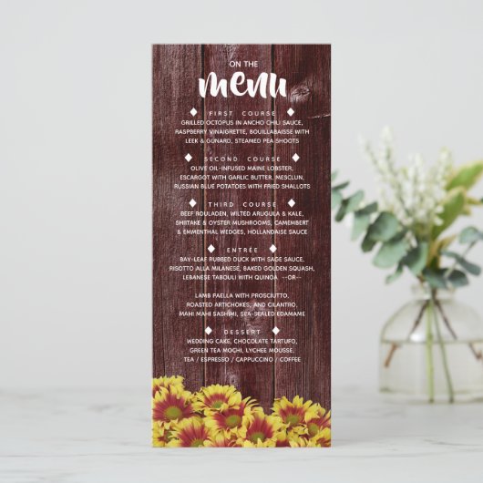 Rustieke herfst Zonnebloemen op hek Bruiloft Menu (Staand voorkant)