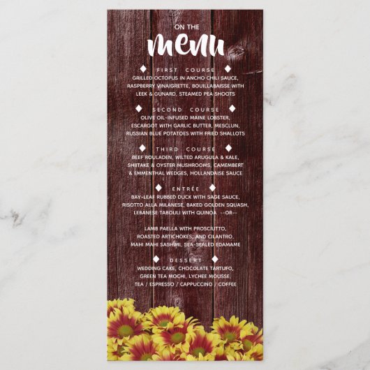 Rustieke herfst Zonnebloemen op hek Bruiloft Menu (Voorkant)