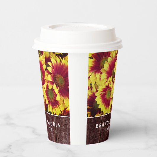 Rustieke herfst Zonnebloemen op hek Bruiloft Papieren Bekers (Links)