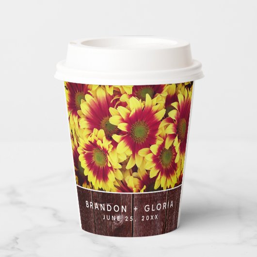 Rustieke herfst Zonnebloemen op hek Bruiloft Papieren Bekers (Achterkant)