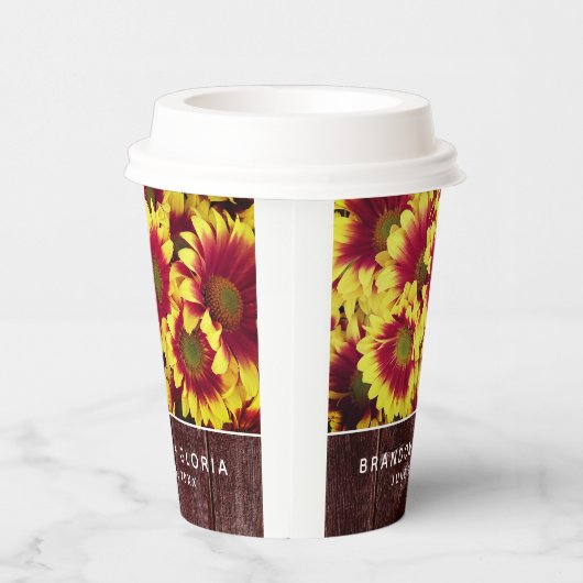 Rustieke herfst Zonnebloemen op hek Bruiloft Papieren Bekers (Rechts)