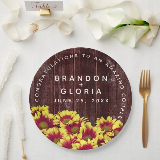 Rustieke herfst Zonnebloemen op hek Bruiloft Papieren Bordje (Huwelijk)