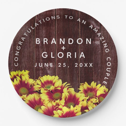 Rustieke herfst Zonnebloemen op hek Bruiloft Papieren Bordje (Voorkant)