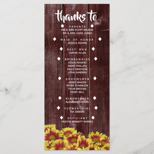 Rustieke herfst Zonnebloemen op hek Bruiloft Programmakaart (Achterkant)