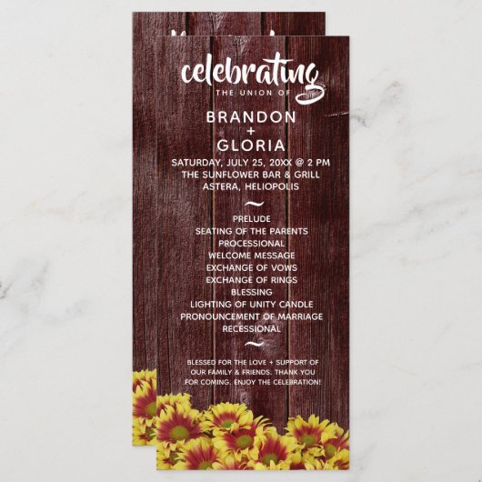 Rustieke herfst Zonnebloemen op hek Bruiloft Programmakaart (Voorkant / Achterkant)