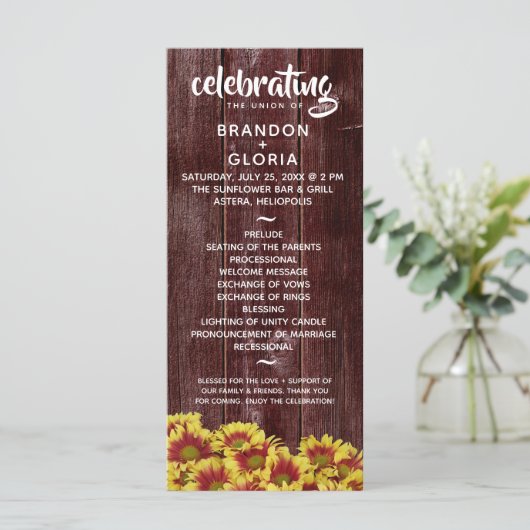Rustieke herfst Zonnebloemen op hek Bruiloft Programmakaart (Staand voorkant)