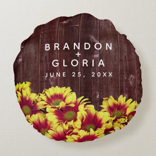 Rustieke herfst Zonnebloemen op hek Bruiloft Rond Kussen (Achterkant)