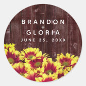 Rustieke herfst Zonnebloemen op hek Bruiloft Ronde Sticker (Voorkant)