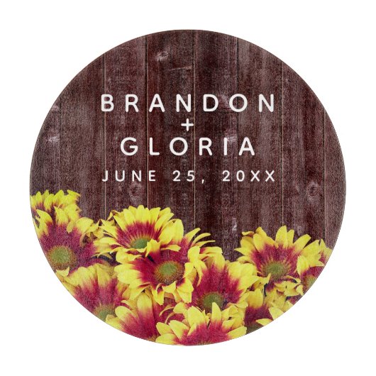 Rustieke herfst Zonnebloemen op hek Bruiloft Snijplank (Voorkant)