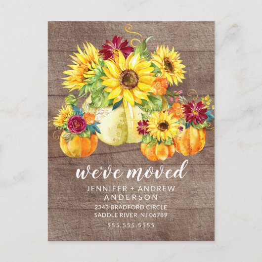 Rustieke Herfst Zonnebloemen Pompoen Verhuisaankon Aankondigingskaart (Voorkant)