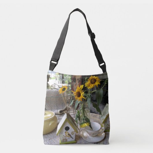 Rustieke herfst Zonnebloemen Vogelhuis Land Crossbody Tas (Voorkant)