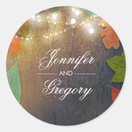 Rustieke herfstbladeren en houten bruiloft ronde sticker
