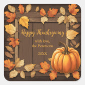 Rustieke herfstbladeren en pompoen Thanksgiving Vierkante Sticker (Voorkant)