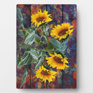 Rustieke herfstbladeren en zonnebloemen fotoplaat