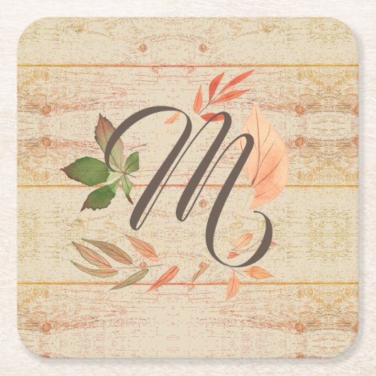 Rustieke Herfstbladeren Monogram Kartonnen Onderzetters (Voorkant)