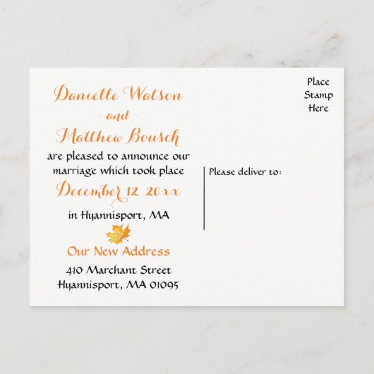 Rustieke herfstbladeren net getrouwd Oranje bruilo Aankondigingskaart (Achterkant)