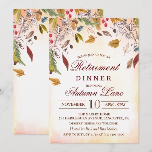 Rustieke Herfstbladeren Pensioen Diner Uitnodiging (Voorkant / Achterkant)