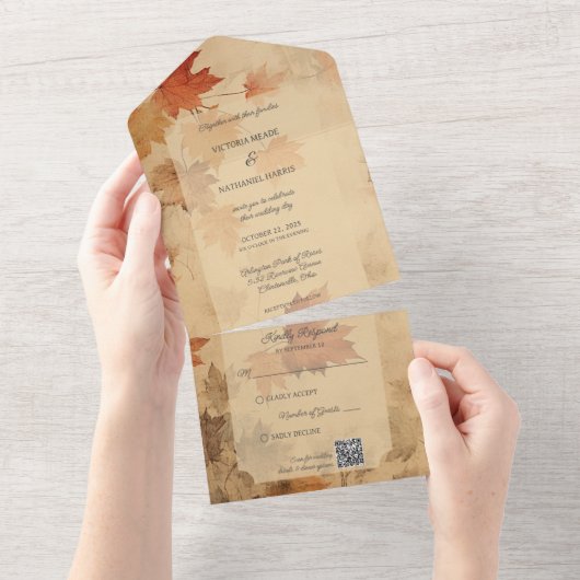 Rustieke herfstbladeren QR-code All In One Uitnodiging (Afscheurbaar)