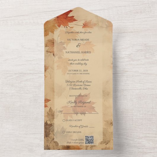 Rustieke herfstbladeren QR-code All In One Uitnodiging (Binnen)