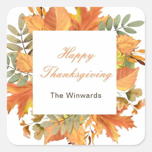 Rustieke herfstbladeren vierkante Thanksgiving Sticker (Voorkant)