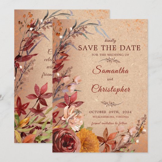 Rustieke herfstbloei Bourgondië Amber Floral Save The Date (Voorkant / Achterkant)